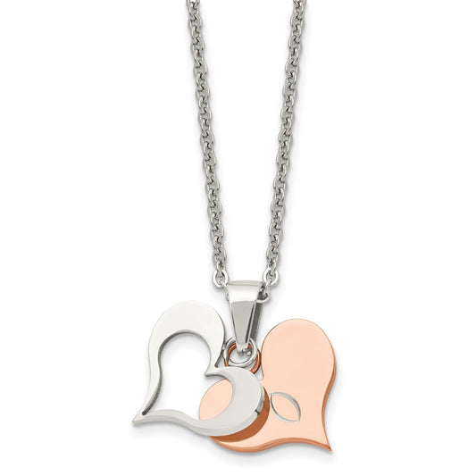 Chisel Stainless Steel Polished Rose IP-plated 2 Piece Heart Pendant on a 22 inch Cable Chain Necklace