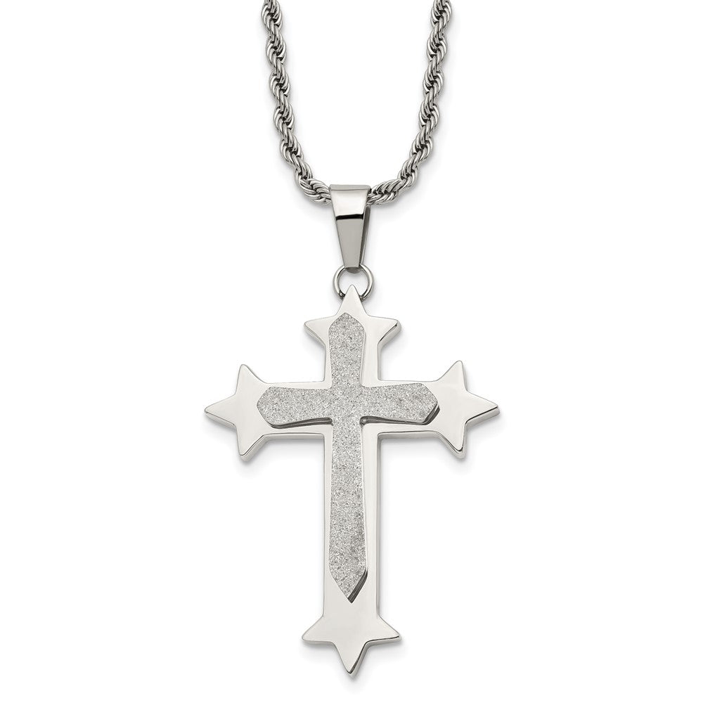 Chisel Stainless Steel Polished and Laser Cut Cross Pendant on a 24 inch Rope Chain Necklace