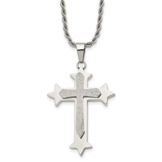 Chisel Stainless Steel Polished and Laser Cut Cross Pendant on a 24 inch Rope Chain Necklace