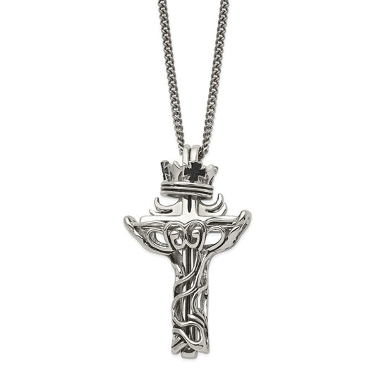 Chisel Stainless Steel Polished and Enameled 2 Piece Cross with Crown Pendant on a 22 inch Curb Chain Necklace