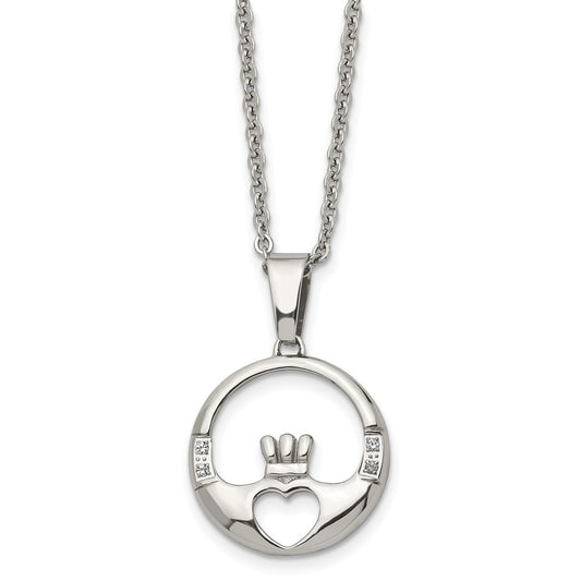 Chisel Stainless Steel Polished with CZ Claddagh Pendant on a 20 inch Cable Chain Necklace