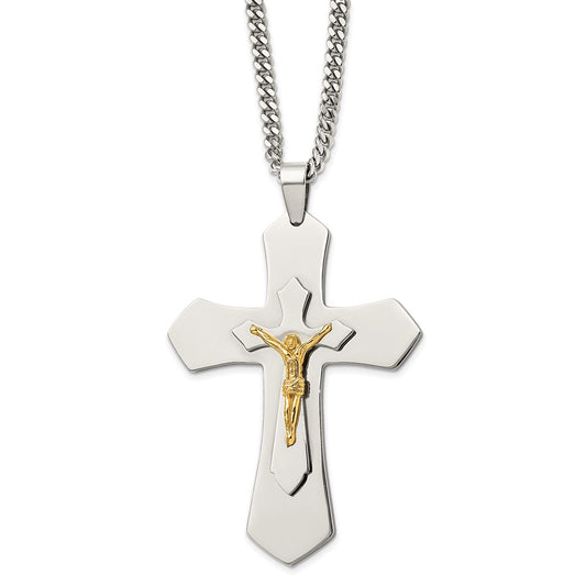 Chisel Stainless Steel Polished Yellow IP-plated Large Crucifix Pendant on a 24 inch Curb Chain Necklace