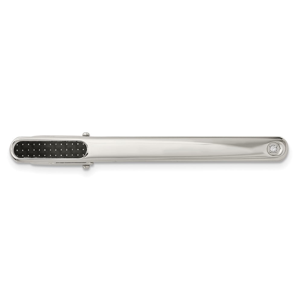 Chisel Stainless Steel Polished with Black Carbon Fiber .03 Carat Diamond Tie Bar