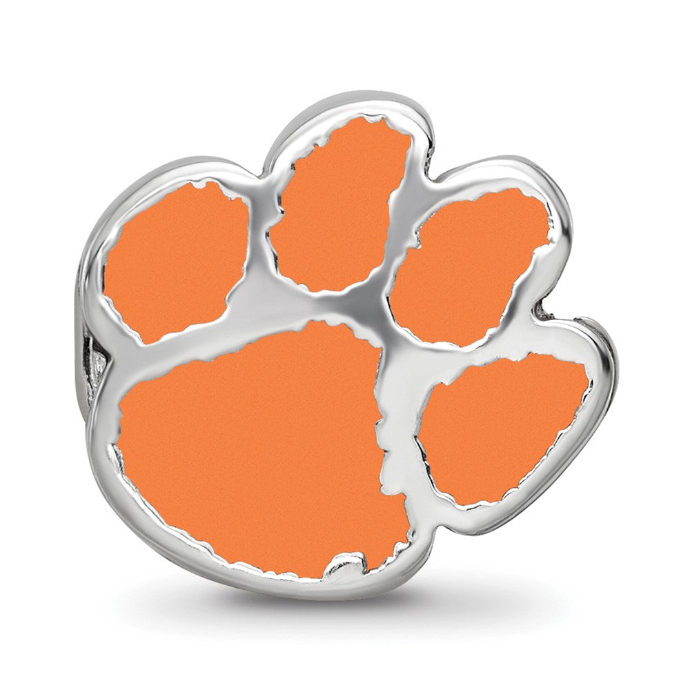 Sterling Silver Rhodium-plated Clemson University Tiger Paw Enameled Logo Bead