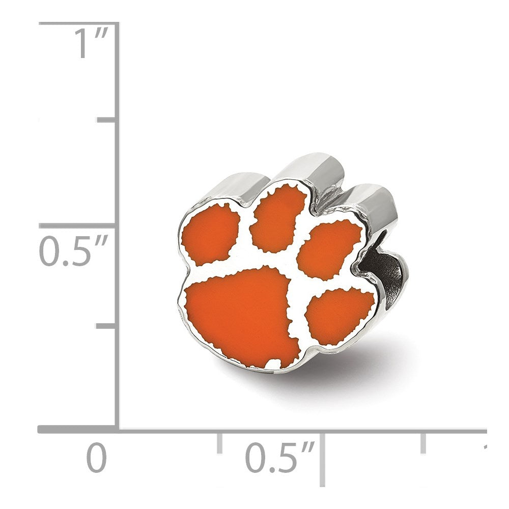 Sterling Silver Rhodium-plated Clemson University Tiger Paw Enameled Logo Bead