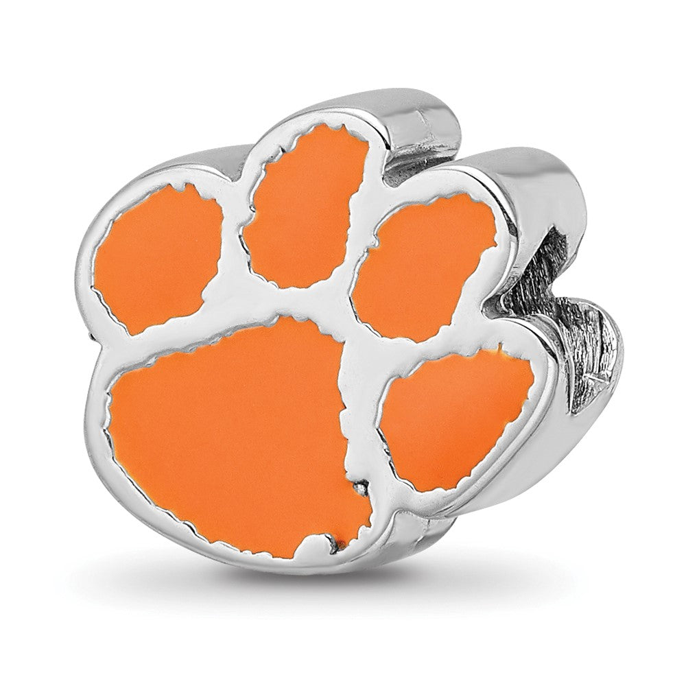 Sterling Silver Rhodium-plated Clemson University Tiger Paw Enameled Logo Bead