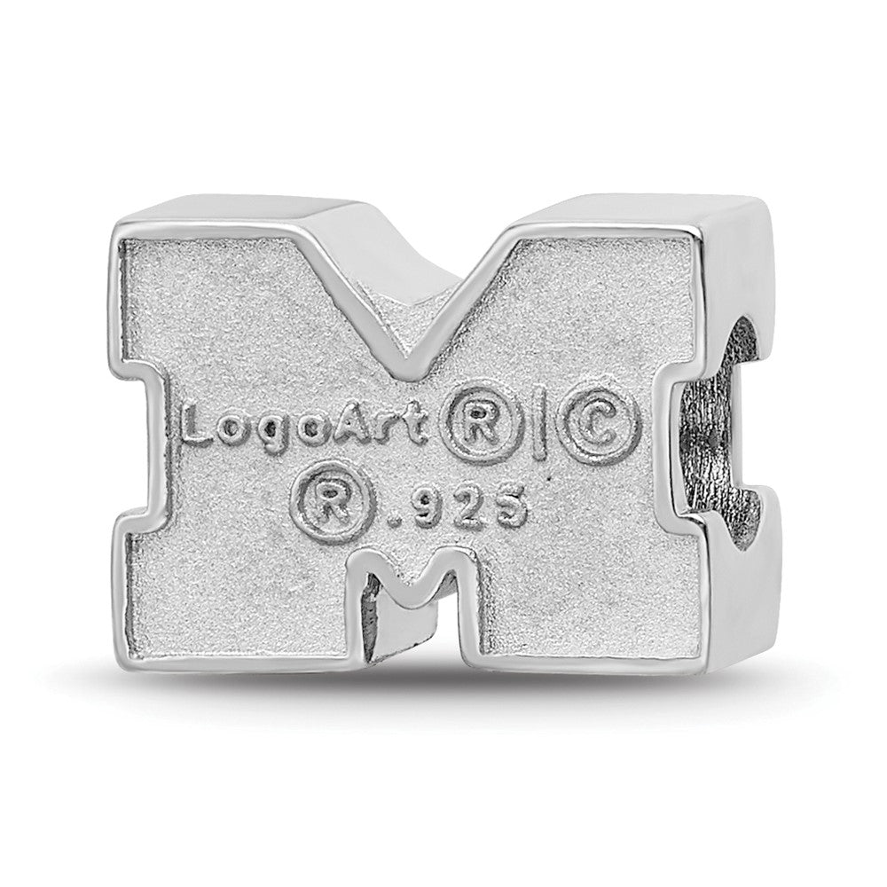 Sterling Silver Rhodium-plated University of Michigan Letter M Blue Enameled 1-sided Bead
