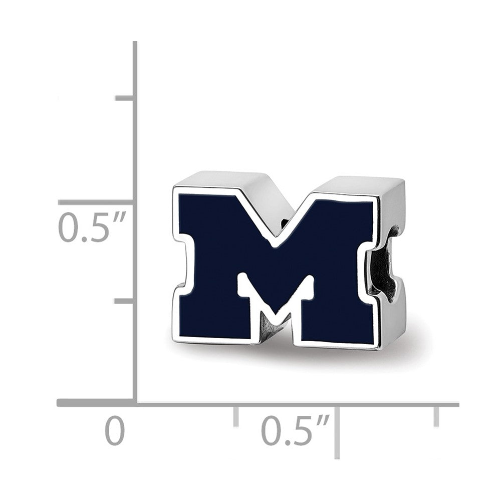 Sterling Silver Rhodium-plated University of Michigan Letter M Blue Enameled 1-sided Bead