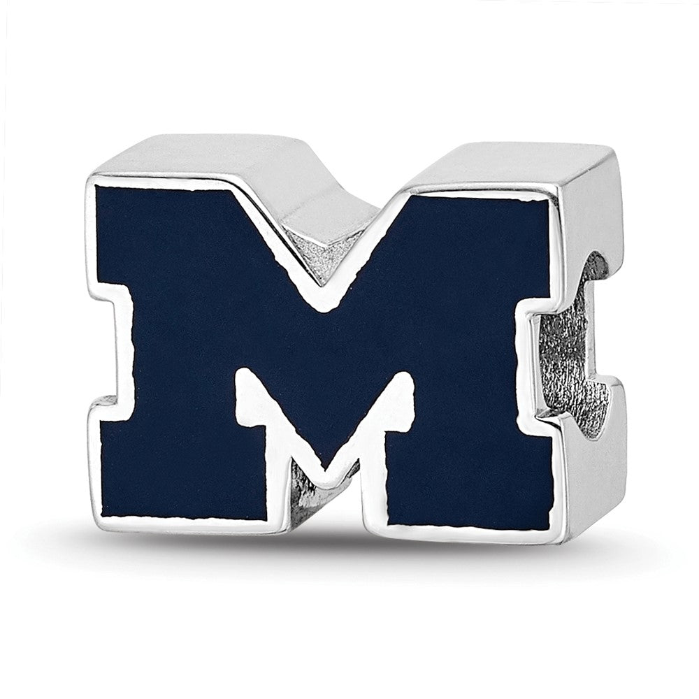 Sterling Silver Rhodium-plated University of Michigan Letter M Blue Enameled 1-sided Bead