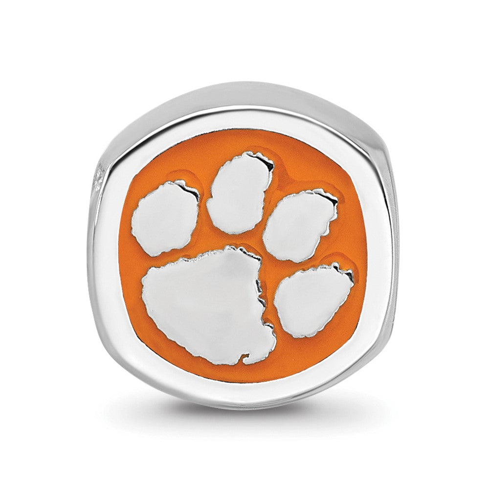 Sterling Silver Rhodium-plated Clemson University Tiger Paw Enameled Bead