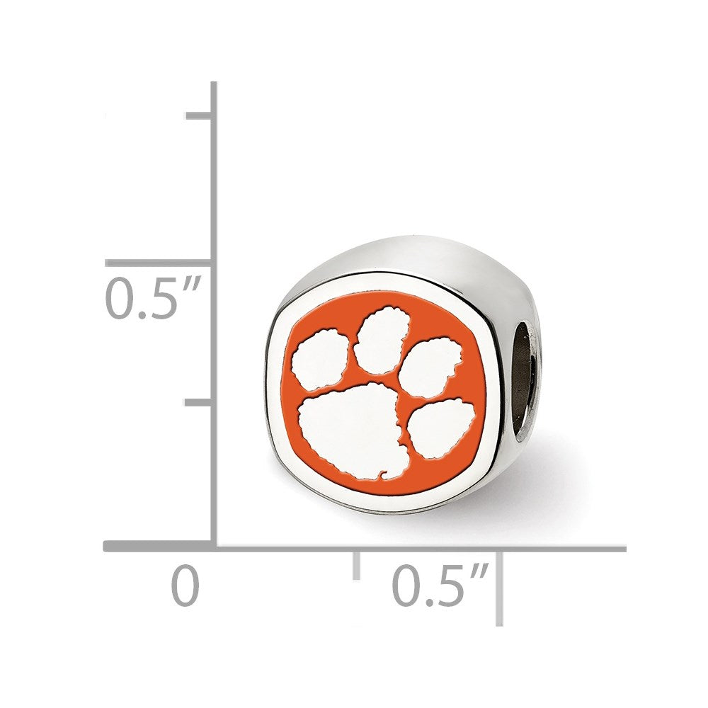 Sterling Silver Rhodium-plated Clemson University Tiger Paw Enameled Bead