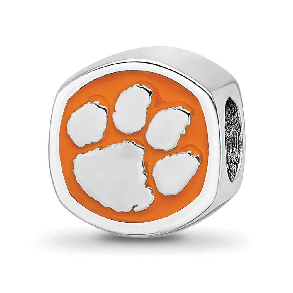 Sterling Silver Rhodium-plated Clemson University Tiger Paw Enameled Bead