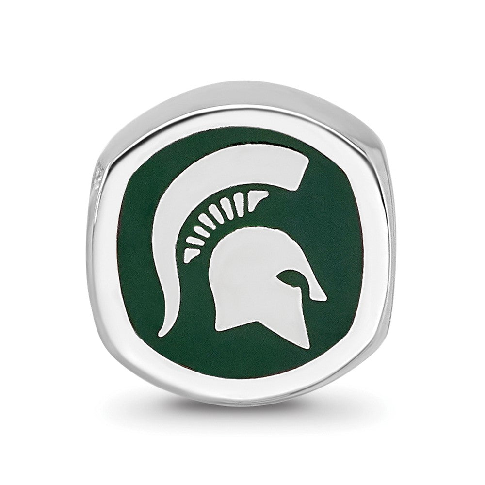 Sterling Silver Rhodium-plated Michigan State University Enameled Double Logo Bead