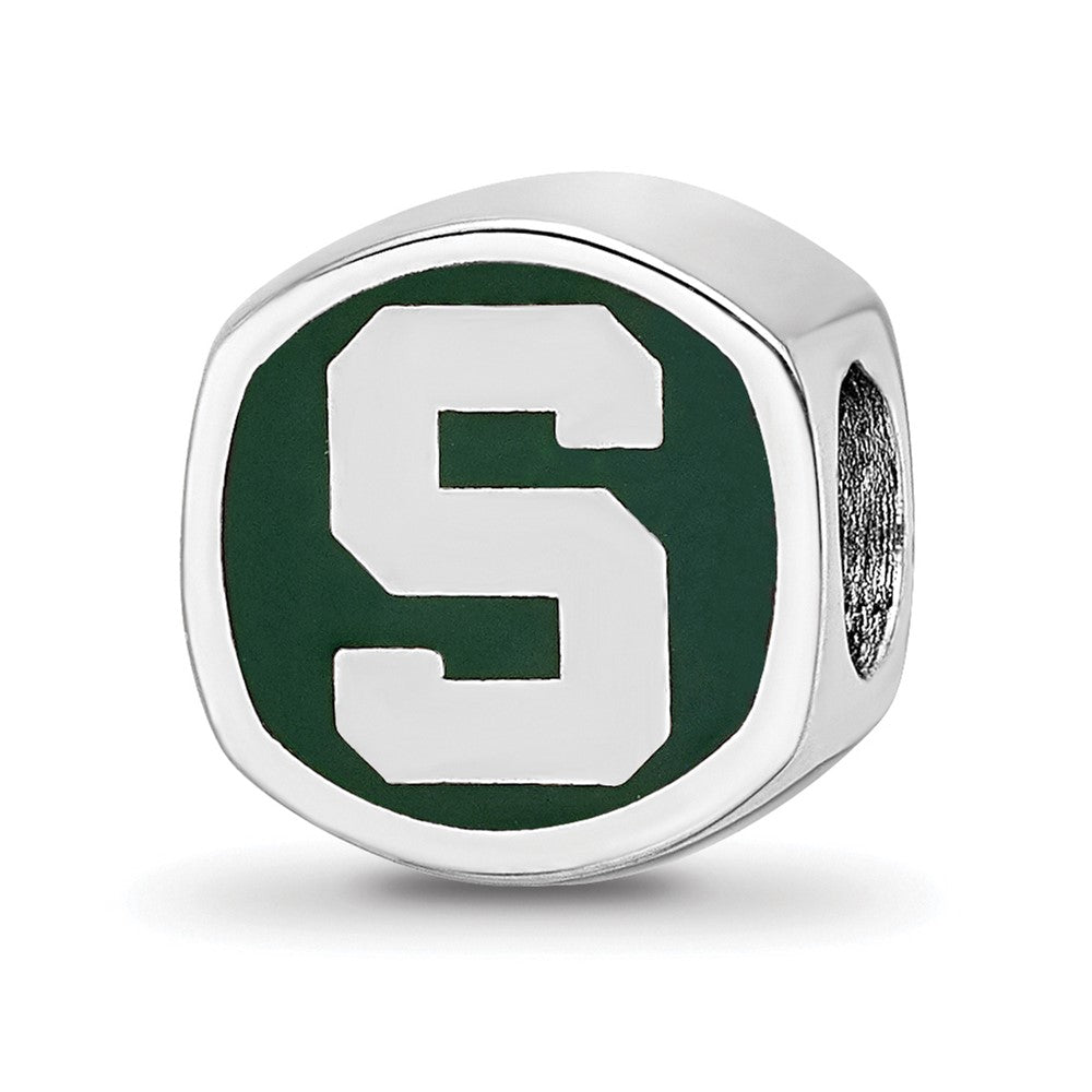Sterling Silver Rhodium-plated Michigan State University Enameled Double Logo Bead