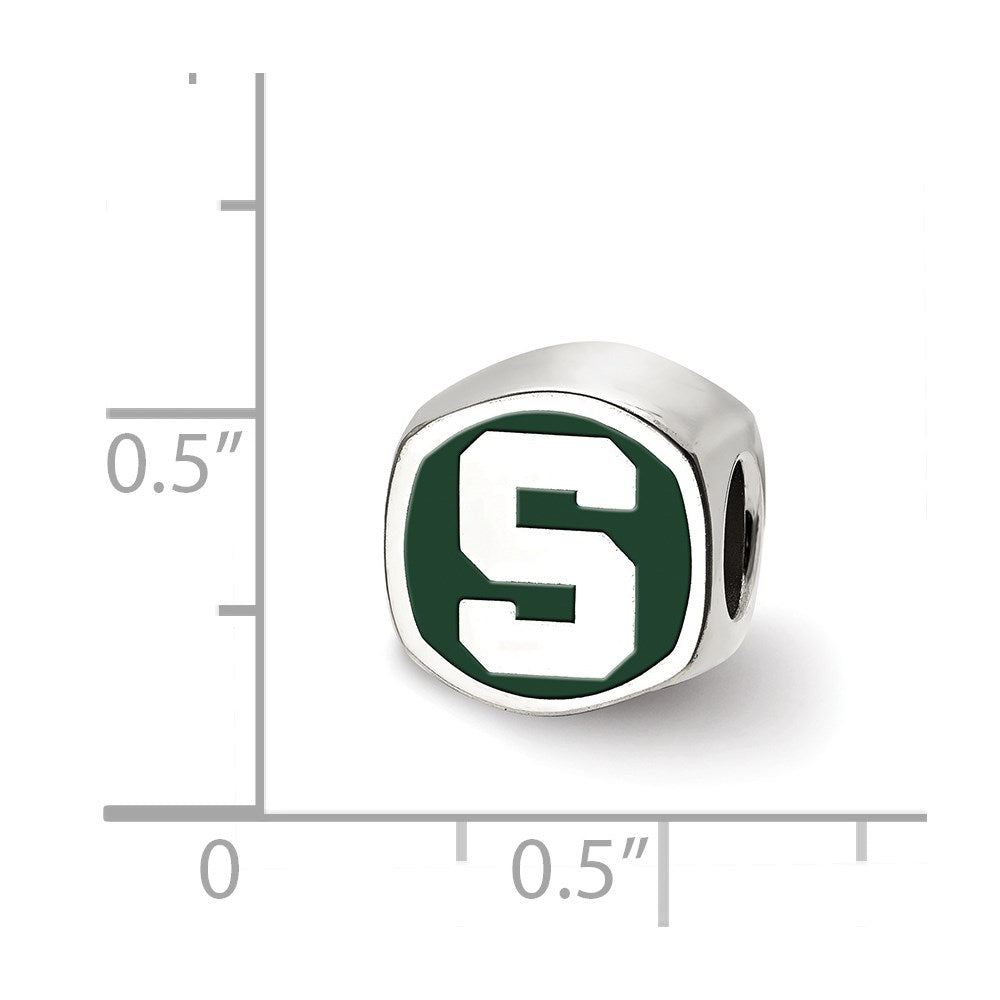 Sterling Silver Rhodium-plated Michigan State University Enameled Double Logo Bead