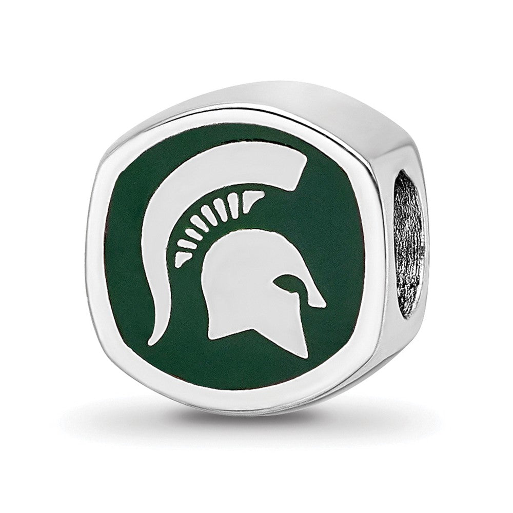 Sterling Silver Rhodium-plated Michigan State University Enameled Double Logo Bead