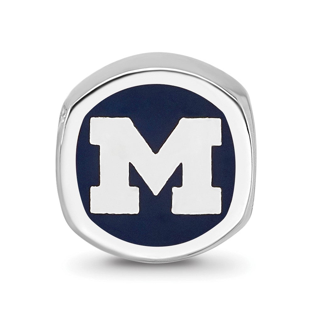 Sterling Silver Rhodium-plated University of Michigan Double Logo Blue Enameled Bead