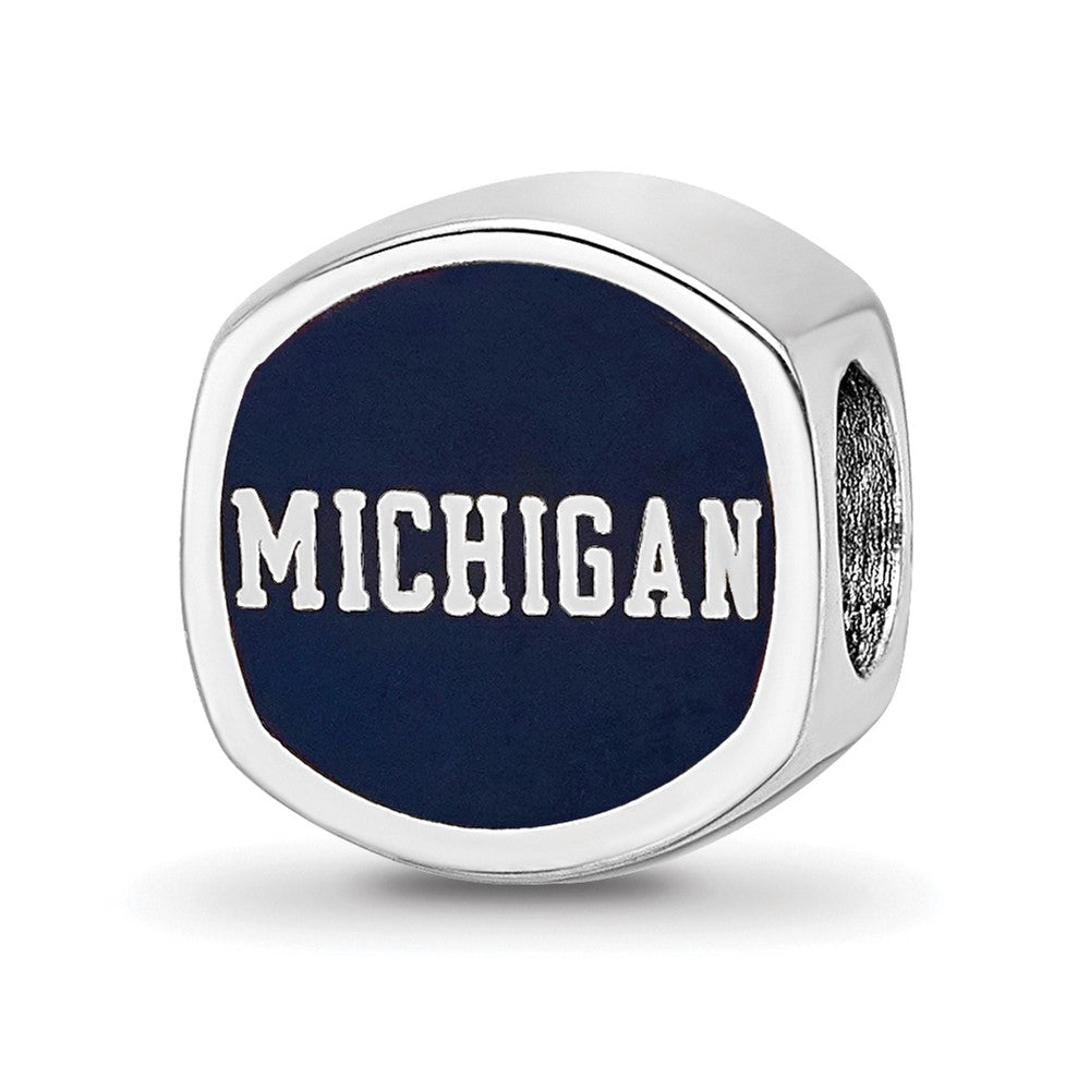 Sterling Silver Rhodium-plated University of Michigan Double Logo Blue Enameled Bead