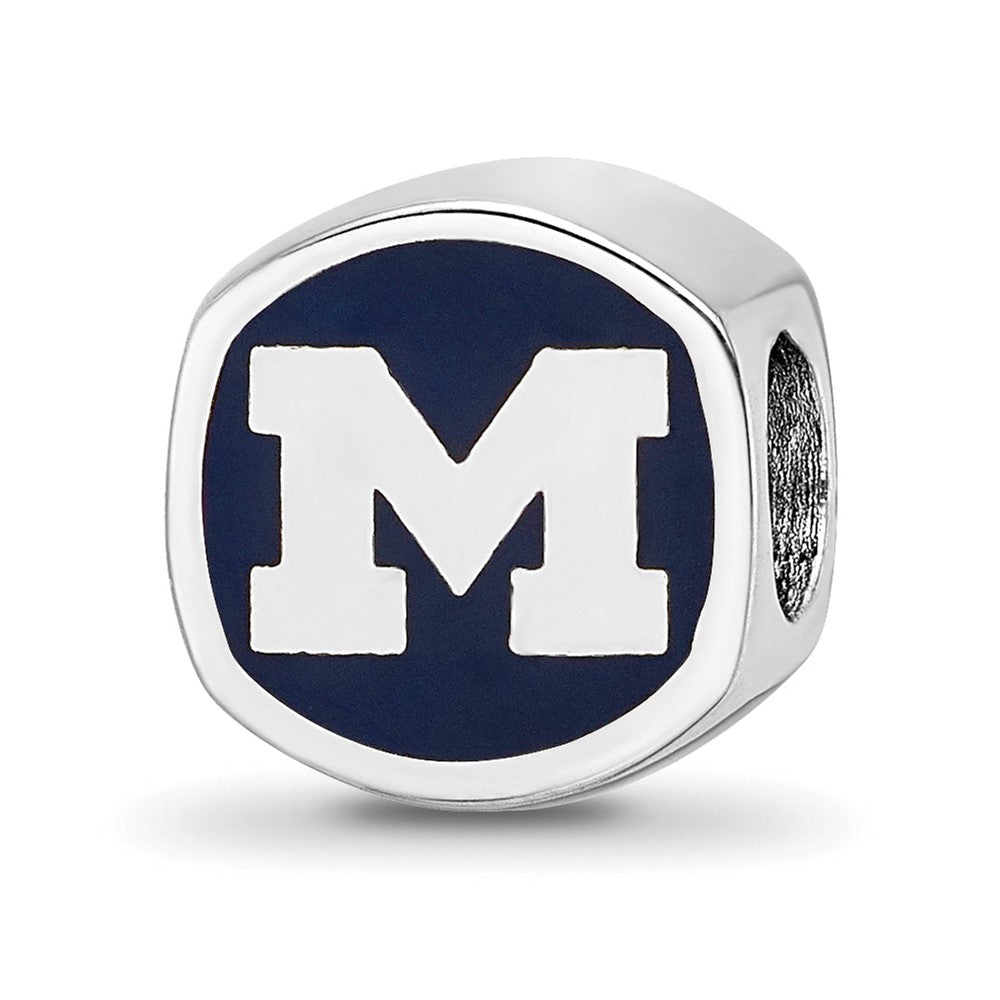 Sterling Silver Rhodium-plated University of Michigan Double Logo Blue Enameled Bead