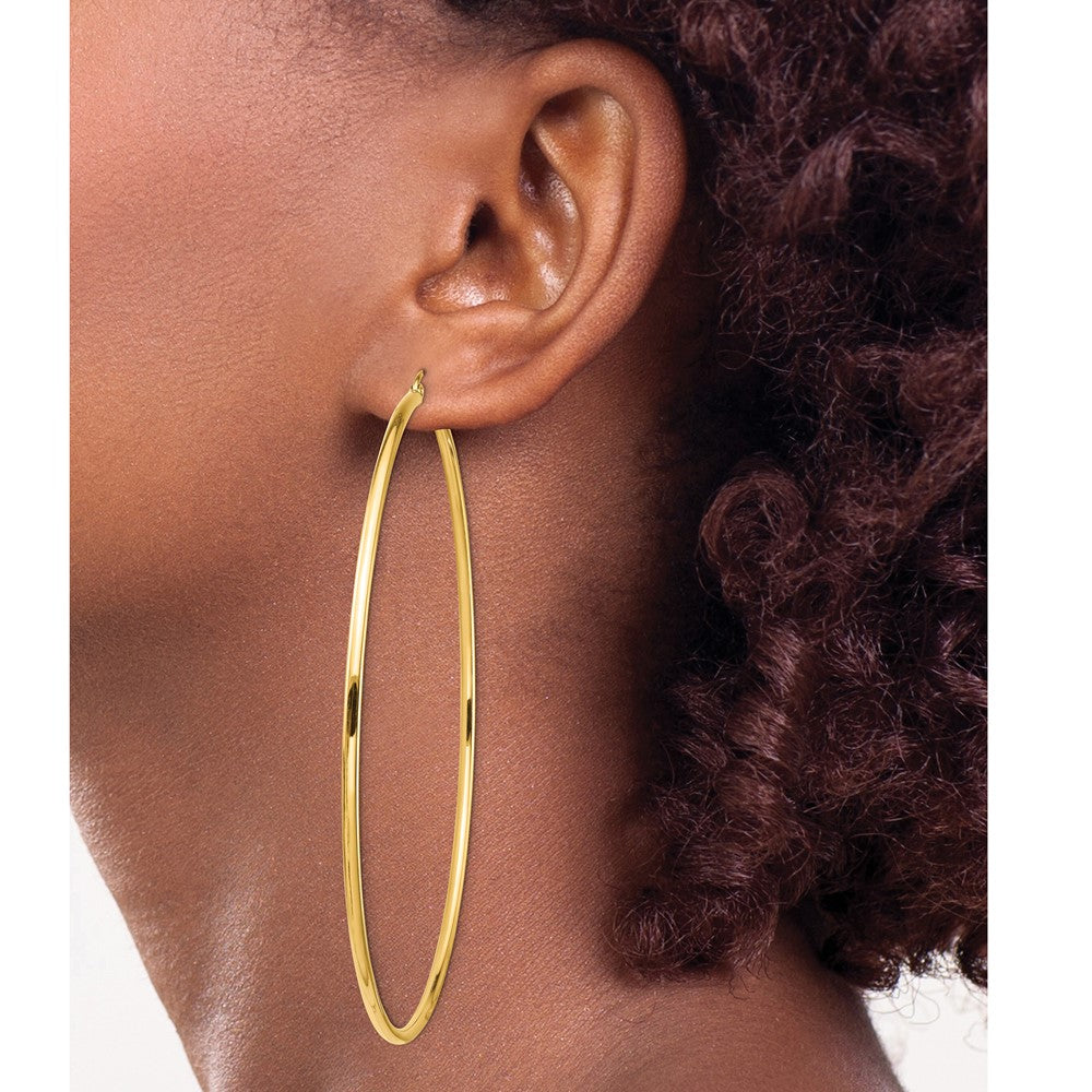 14k Yellow Gold Polished 2x80mm Round Tube Hoop Earrings