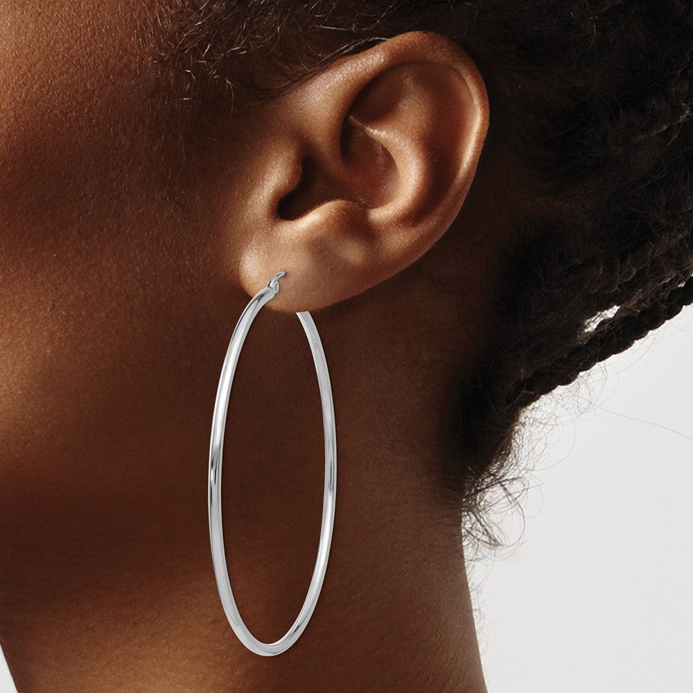 14k White Gold Polished 2x60mm Lightweight Tube Hoop Earrings