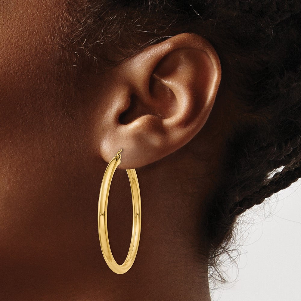 14K Yellow Gold Polished 3mm Lightweight Tube Hoop Earrings