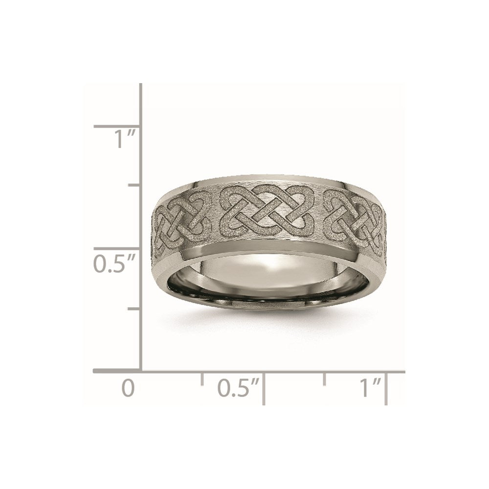 Chisel Titanium Brushed and Polished Celtic Laser Design 8mm Beveled Edge Band