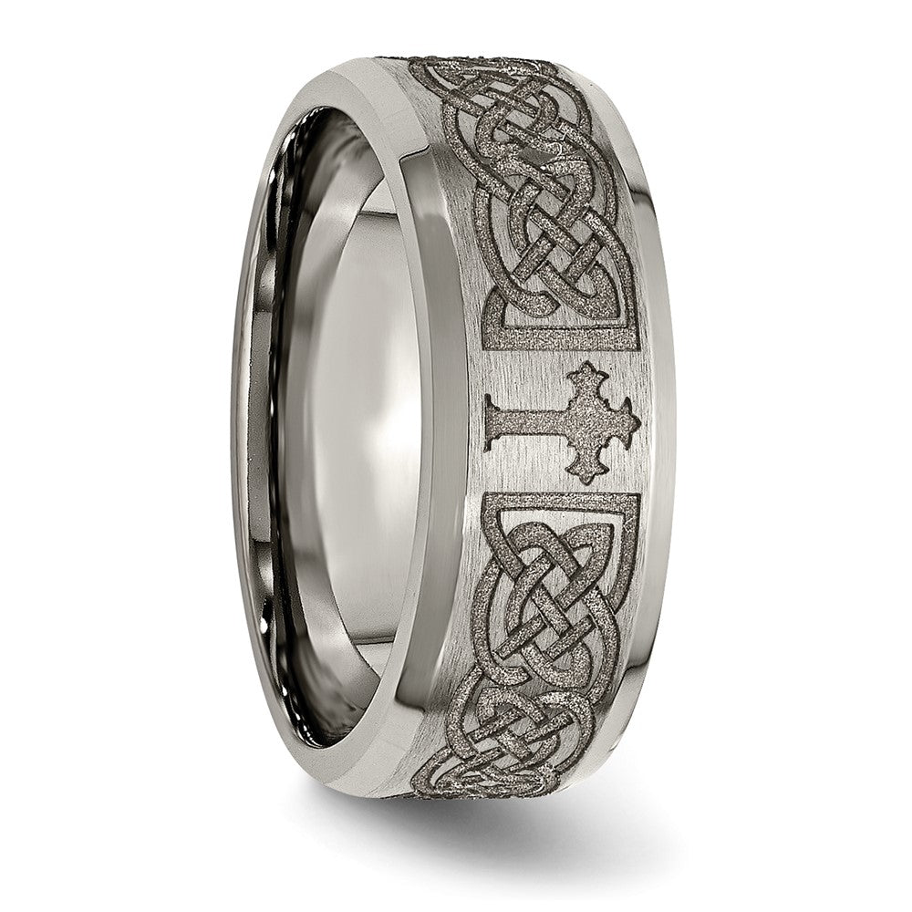 Chisel Titanium Brushed and Polished Cross Laser Design 8mm Beveled Edge Band