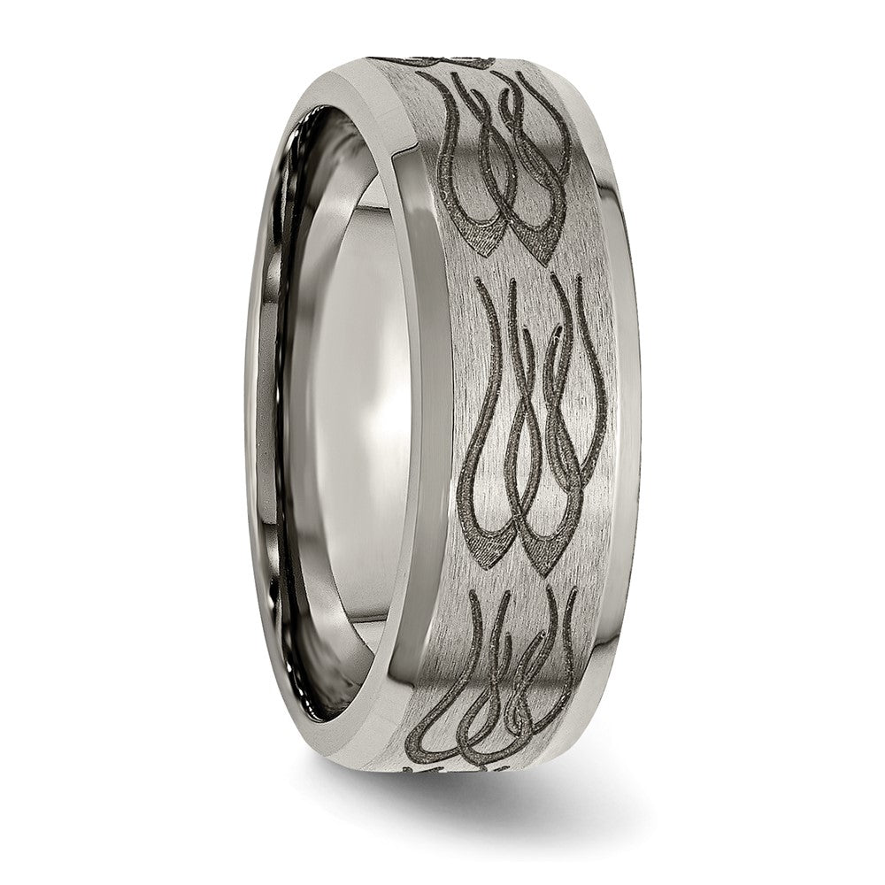 Chisel Titanium Brushed and Polished Flames Laser Design 8mm Beveled Edge Band