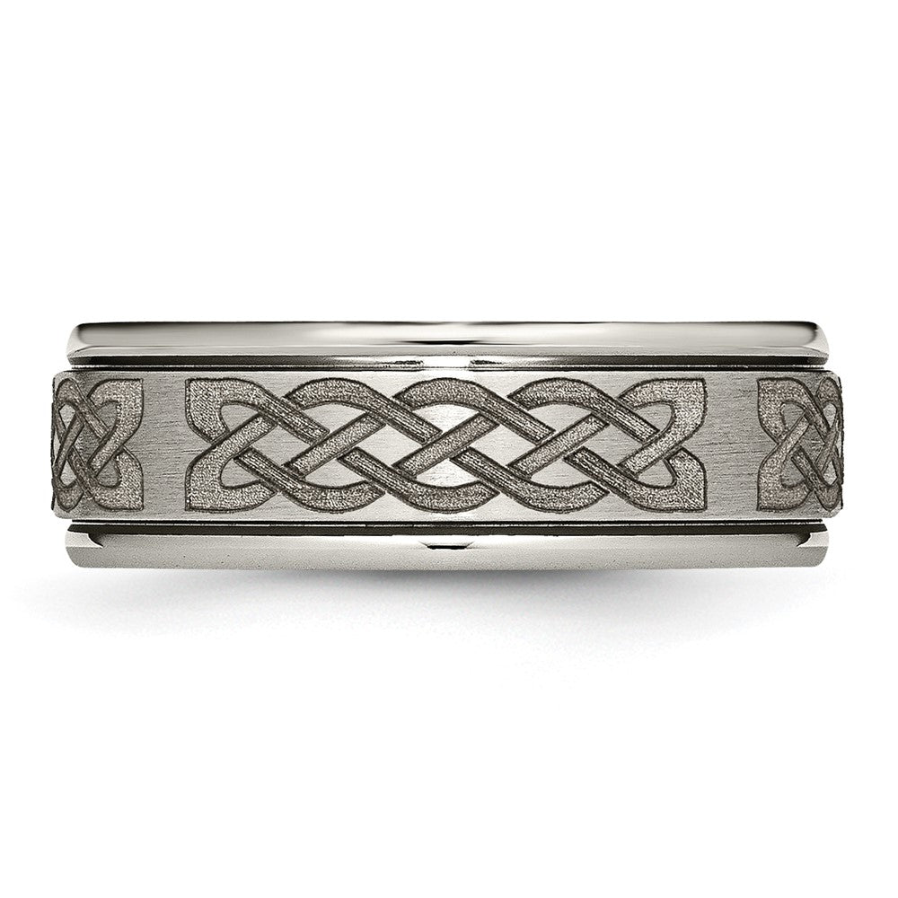 Chisel Titanium Brushed and Polished Celtic Laser Design 8mm Ridged Edge Band