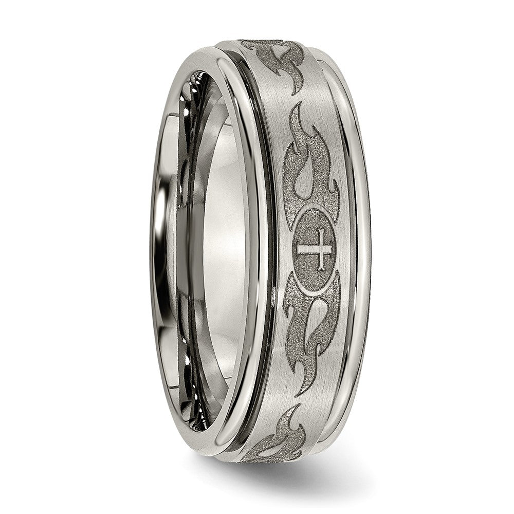 Chisel Titanium Brushed and Polished Cross Laser Design 8mm Ridged Edge Band