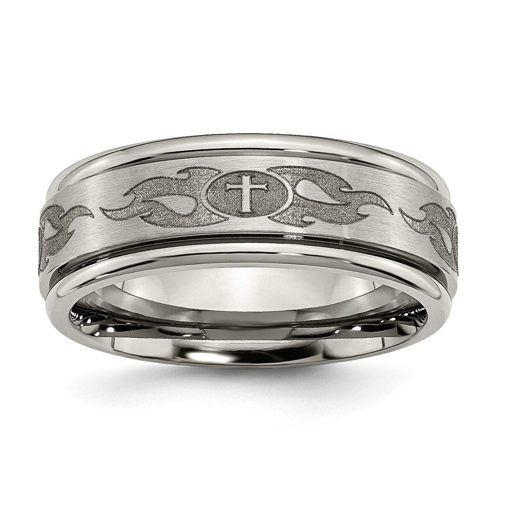 Chisel Titanium Brushed and Polished Cross Laser Design 8mm Ridged Edge Band