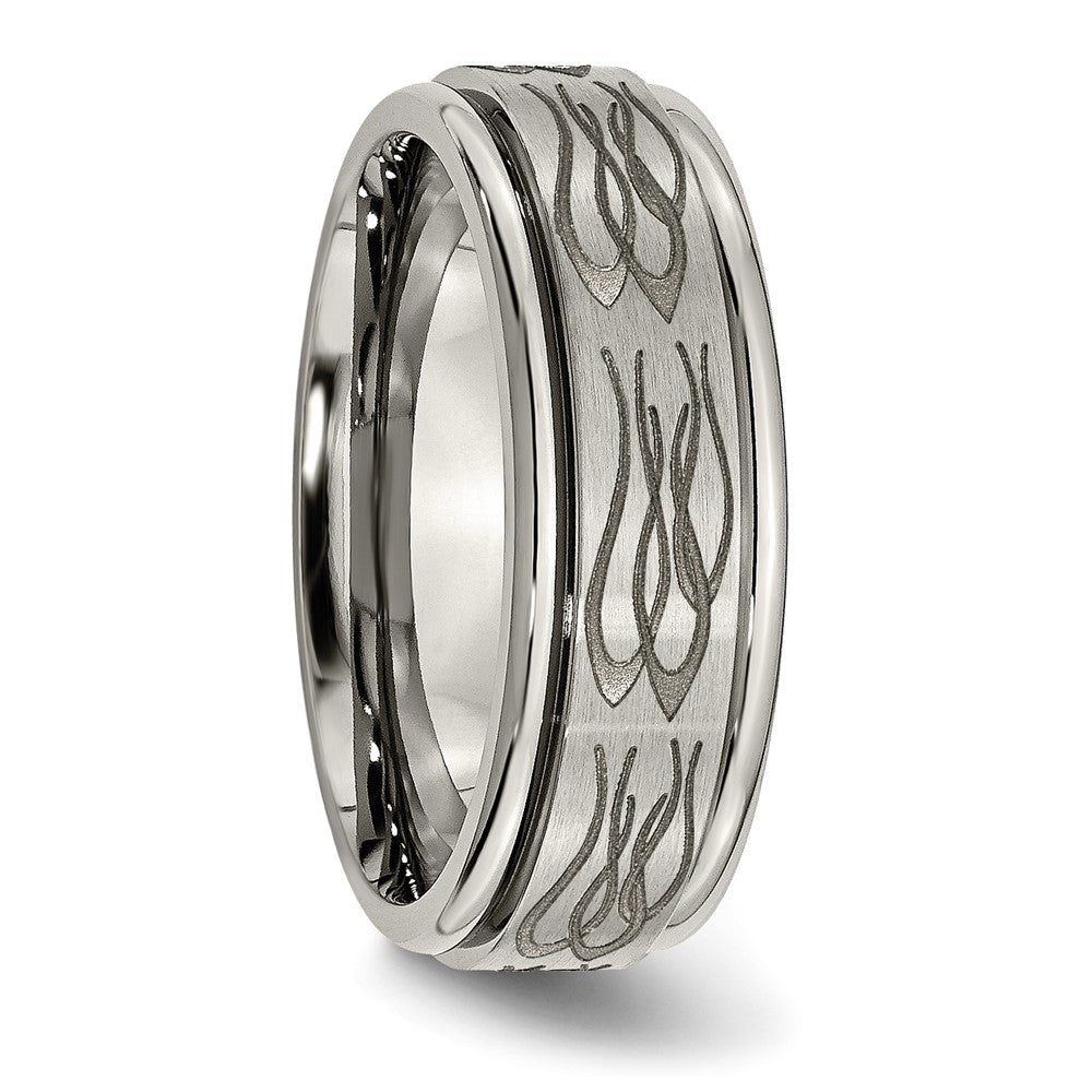 Chisel Titanium Brushed and Polished Flame Laser Design 8mm Ridged Edge Band