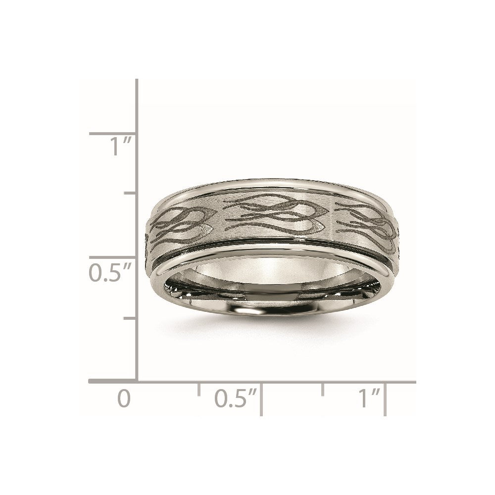 Chisel Titanium Brushed and Polished Flame Laser Design 8mm Ridged Edge Band