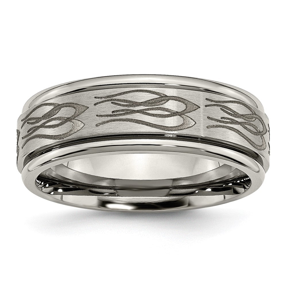 Chisel Titanium Brushed and Polished Flame Laser Design 8mm Ridged Edge Band
