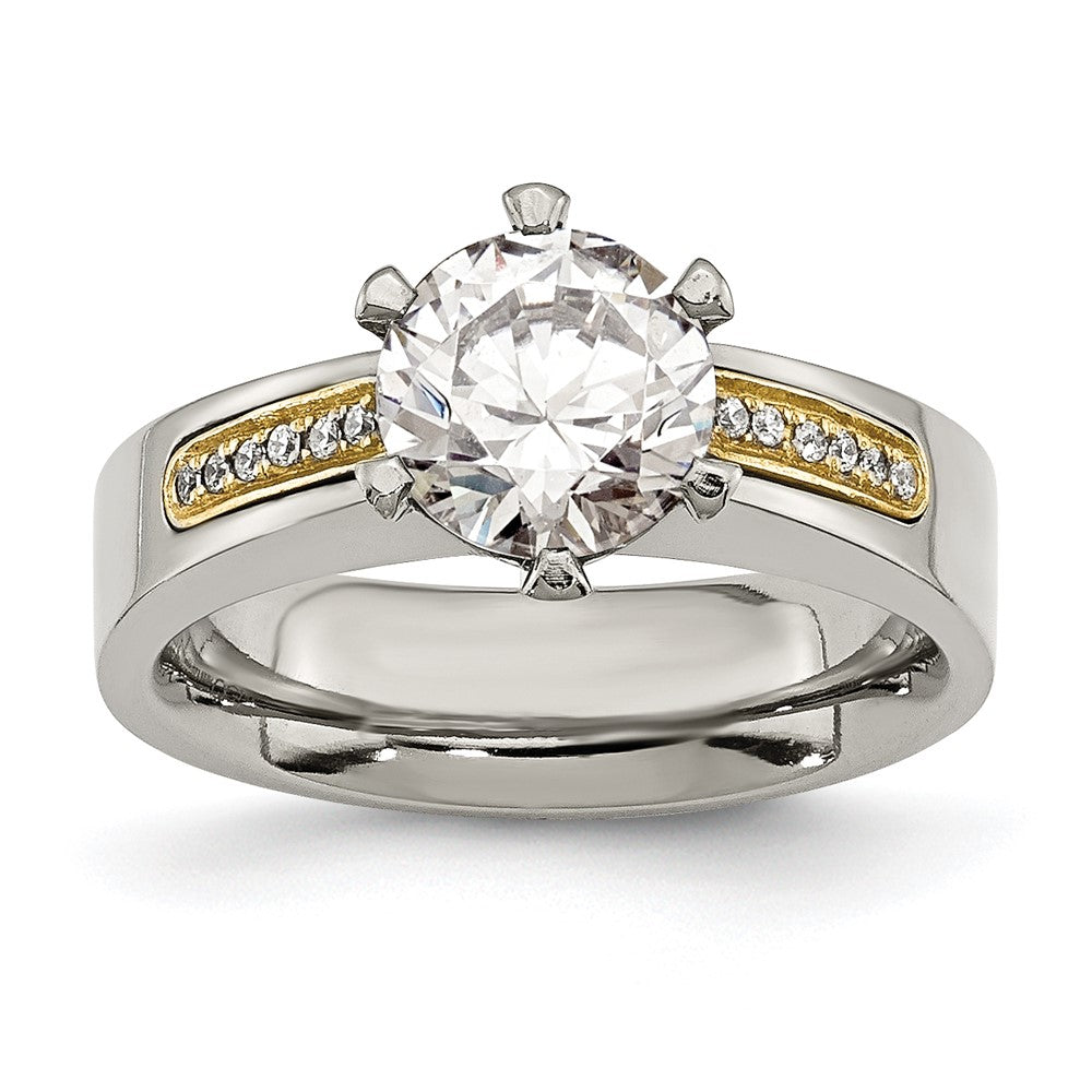 Chisel Titanium Polished with 14k Gold Inlay Accent CZ Ring