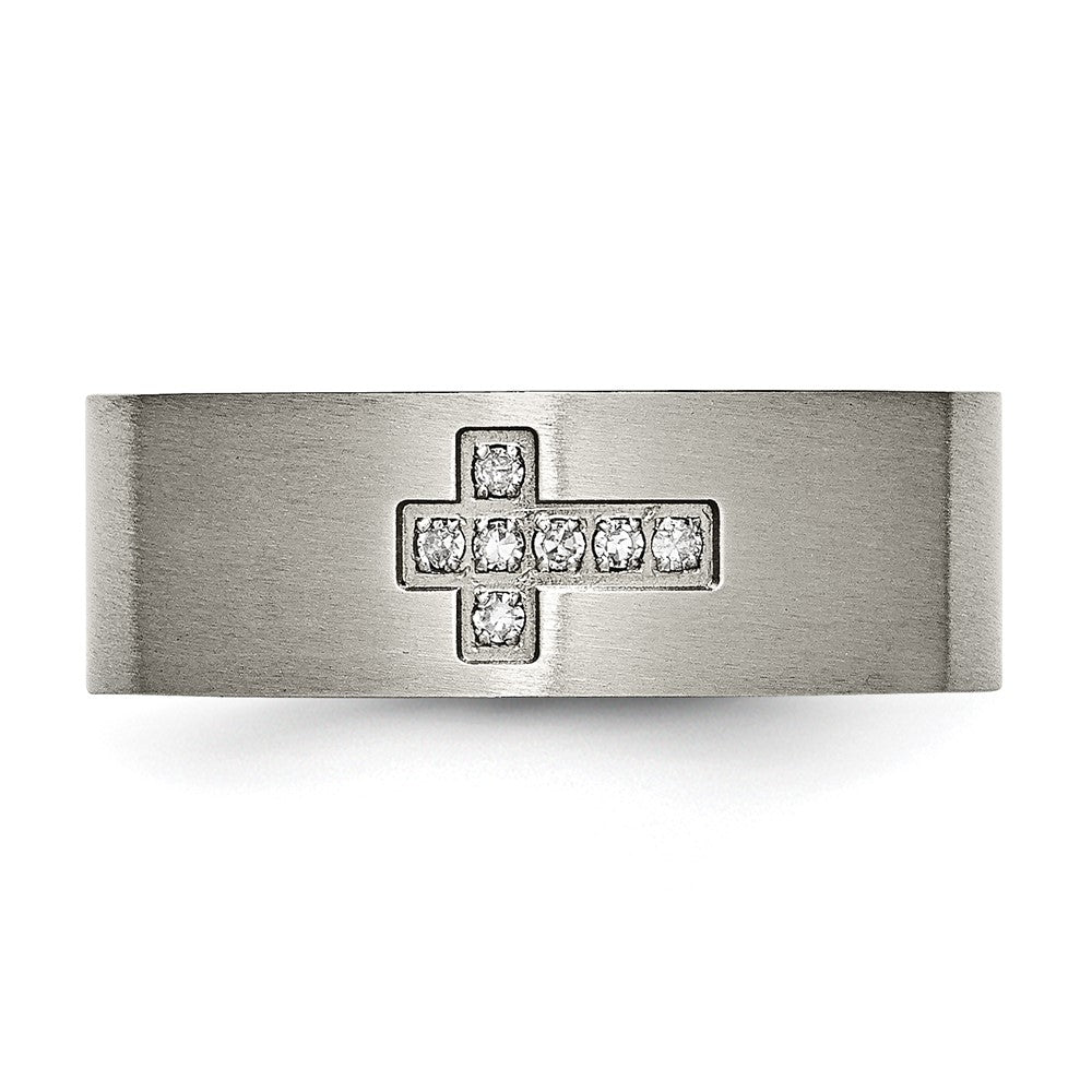 Chisel Titanium Brushed 1/15 Carat Diamond Cross 8mm Flat Band