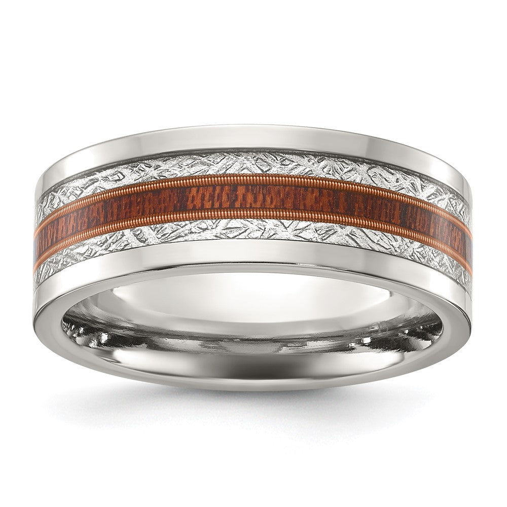 Chisel Titanium Polished with Wood and Imitation Meteorite Inlay 8mm Band