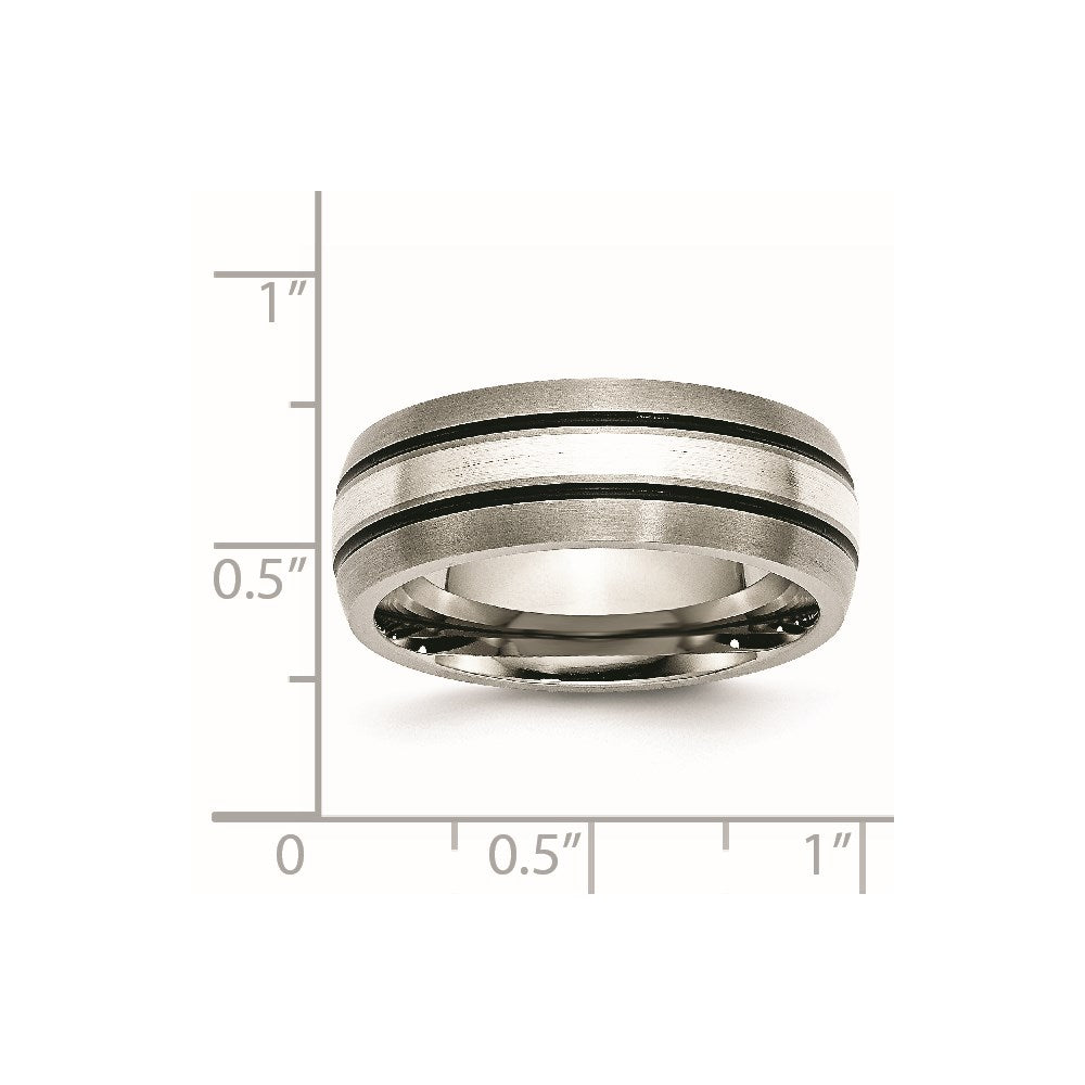 Titanium Grooved Sterling Silver Inlay 8mm Brushed/Antiqued Band