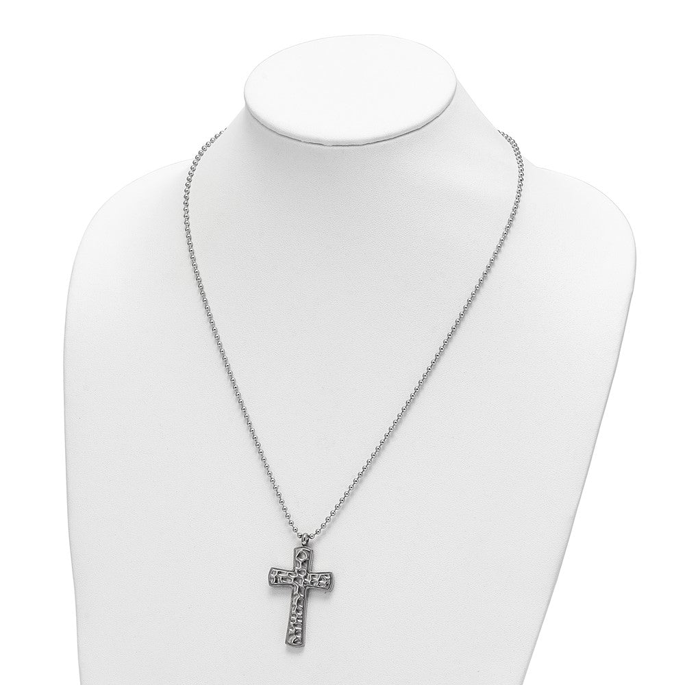 Chisel Titanium Polished and Hammered Carbon Fiber Reversible Cross 22 inch Necklace