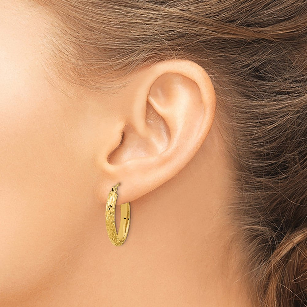 14K Polished Diamond-cut Fancy Oval Hoop Earrings