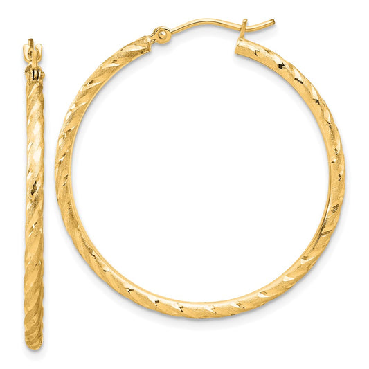 14k Polished and Satin D/C 2.00mm Hoop Earrings