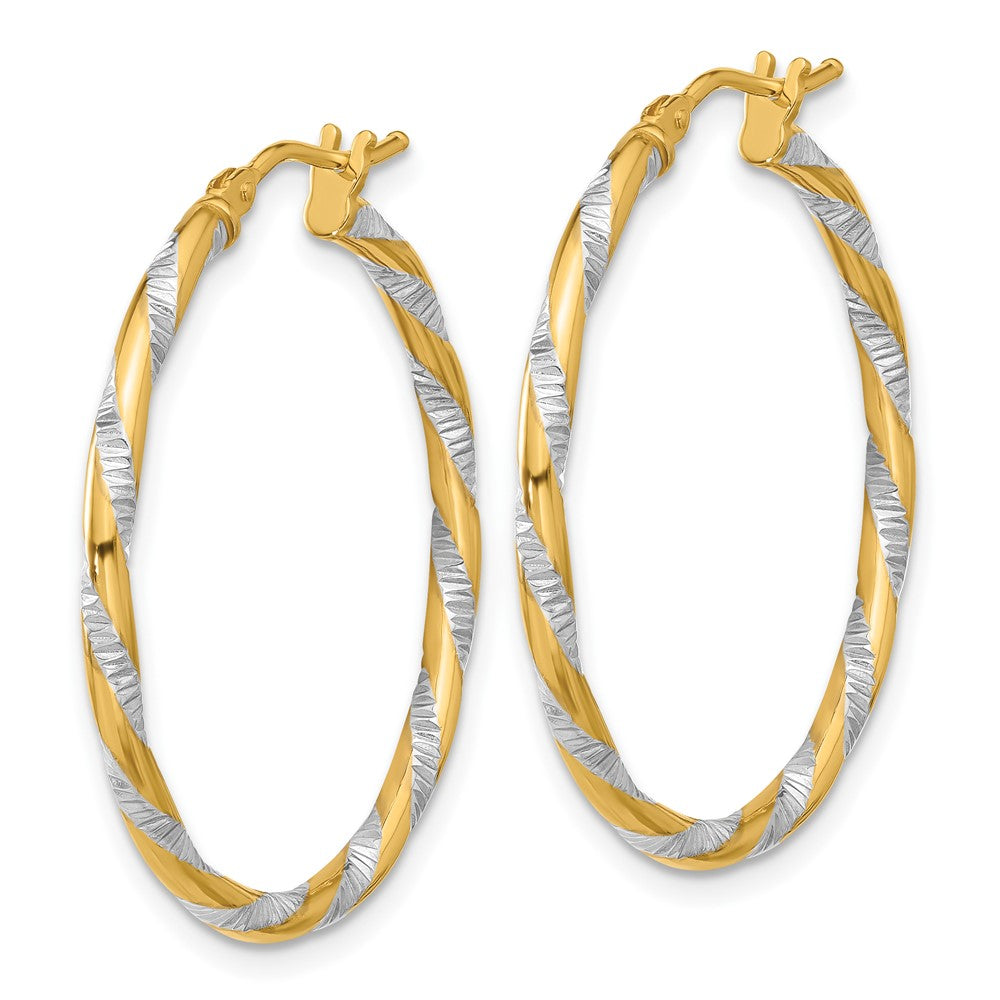 14K Yellow Gold and White Rhodium Polished Diamond-cut Hoop Earrings