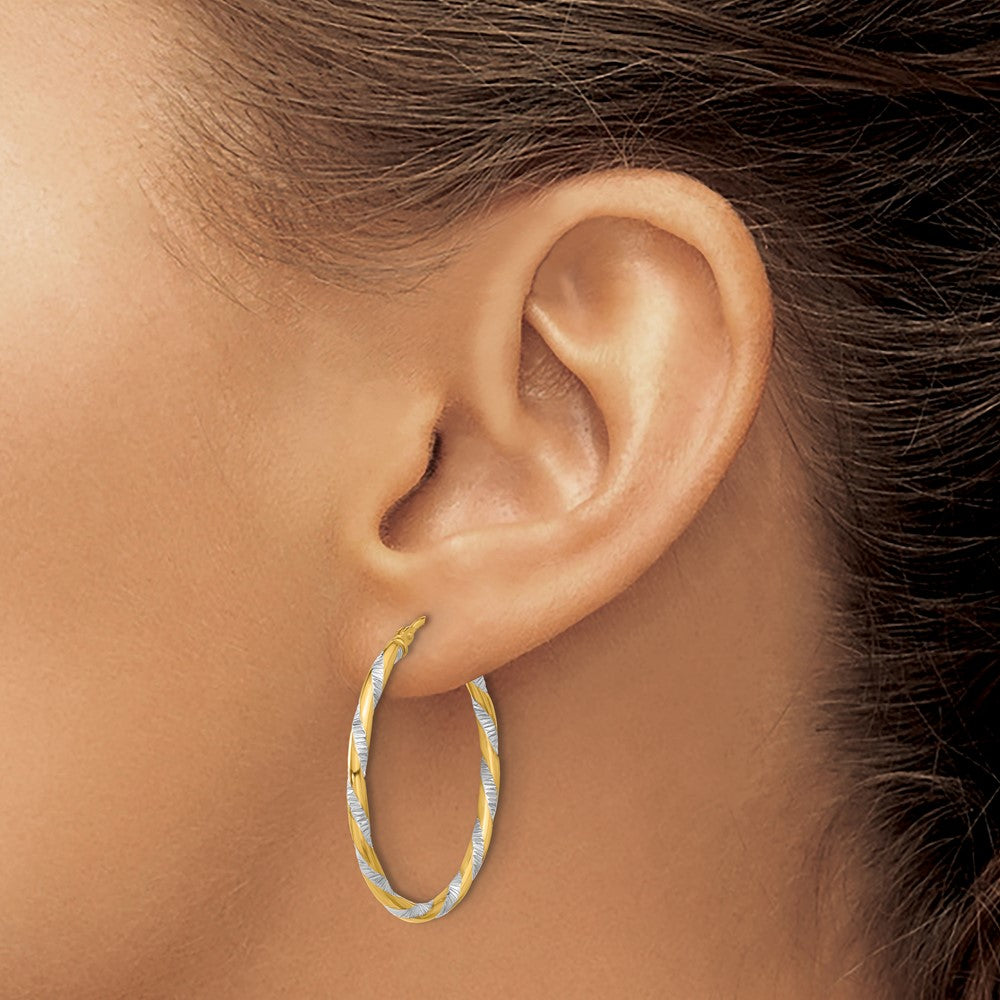 14K Yellow Gold and White Rhodium Polished Diamond-cut Hoop Earrings