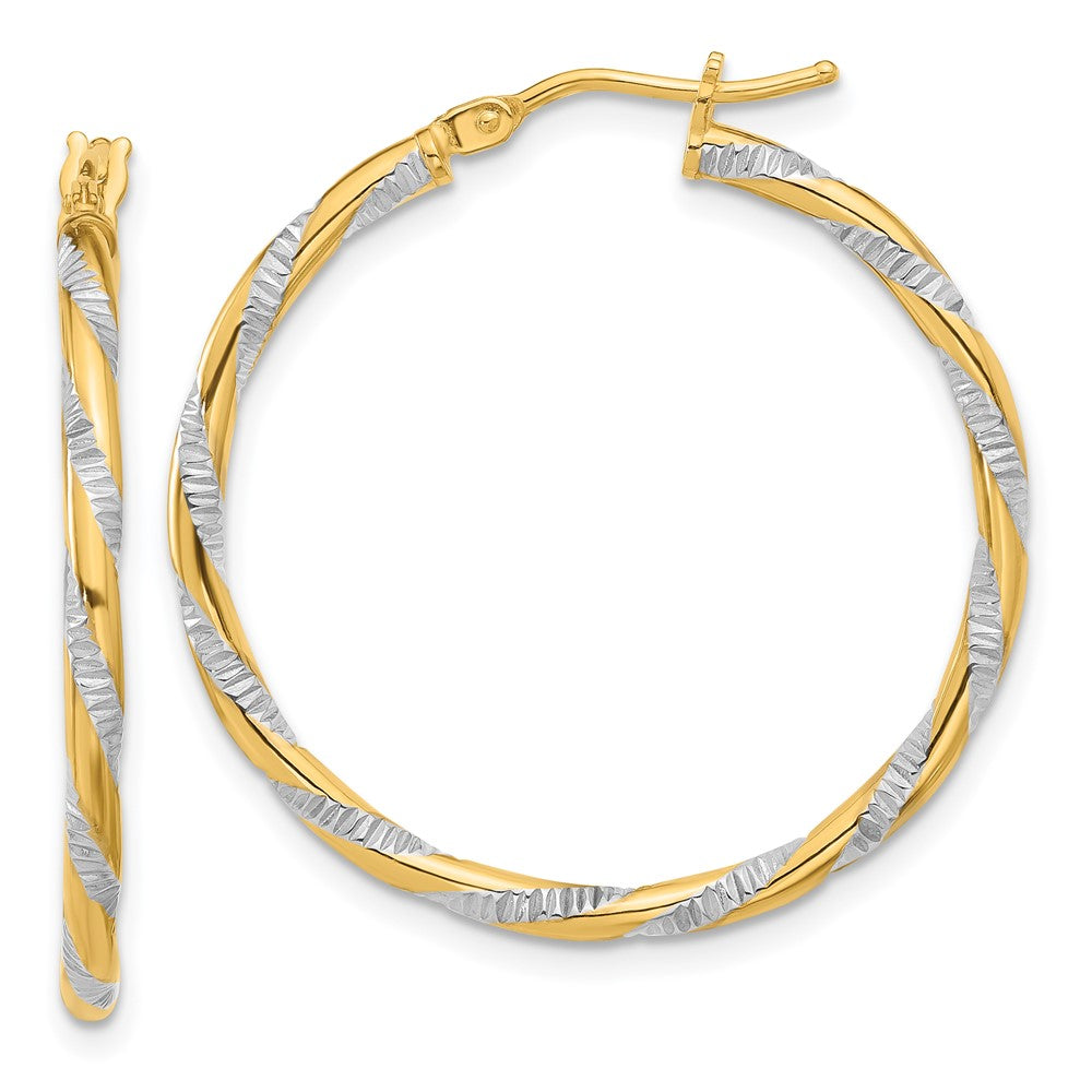 14K Yellow Gold and White Rhodium Polished Diamond-cut Hoop Earrings