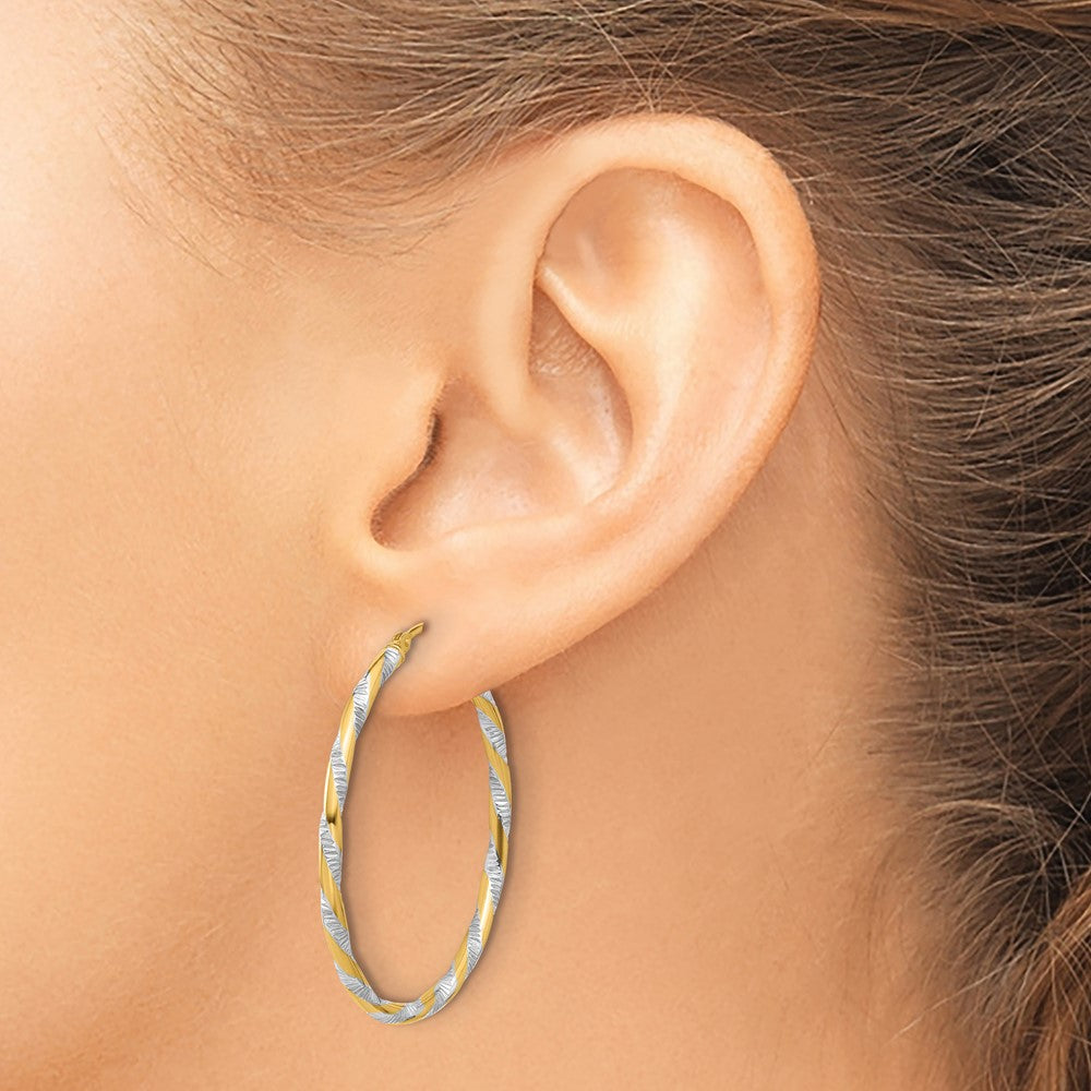 14K and White Rhodium Polished Diamond-cut Hoop Earrings