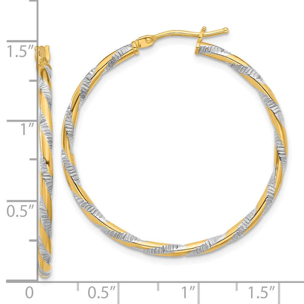 14K and White Rhodium Polished Diamond-cut Hoop Earrings