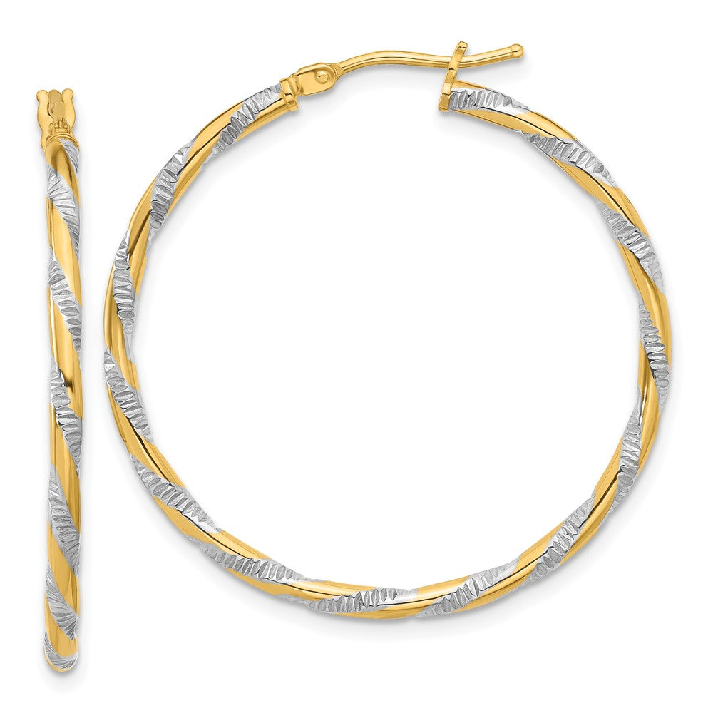 14K and White Rhodium Polished Diamond-cut Hoop Earrings