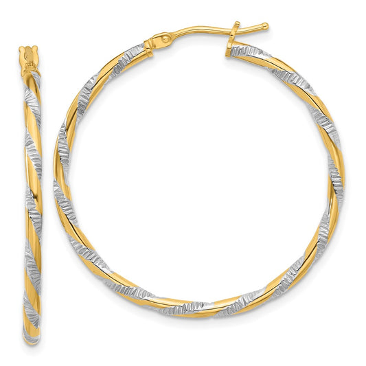 14K and White Rhodium Polished Diamond-cut Hoop Earrings