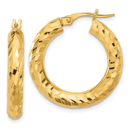 14K Polished 4mm Diamond-cut Hoop Earrings
